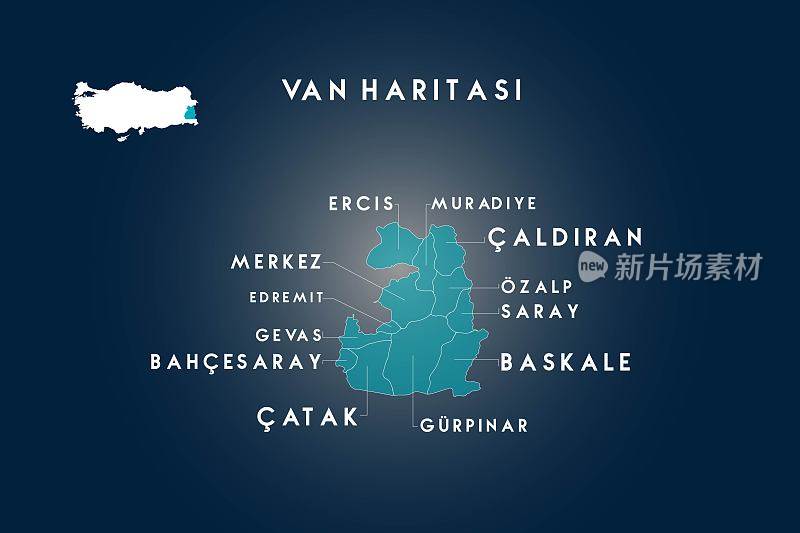 Van districts ercis, edremit, gevas, bahcesaray, catak, gurpinar, bas甘蓝，saray, ozalp, caldiran, muradiye map, Turkey